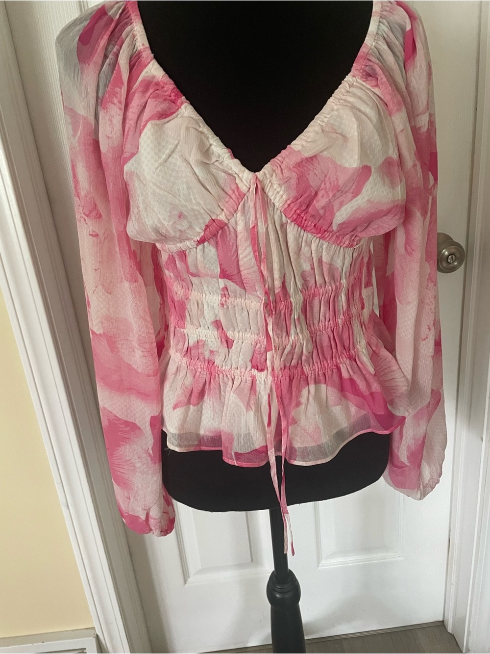 Express Women’s Pink and White Floral Peasant Blouse
